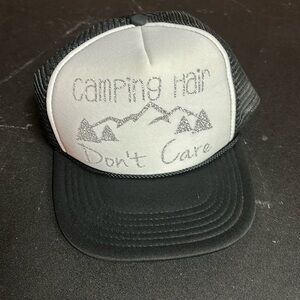 Camping Hair Don’t Care custom trucker hat. Silver glitter wording. Very cute!